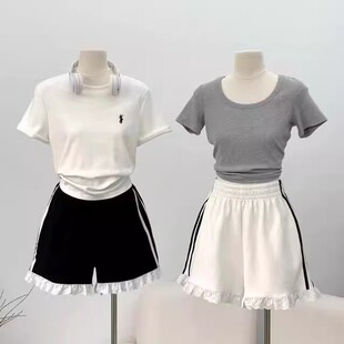 甜辣妹性感修身短裤女纯欲风减龄阔腿裤花边拼接双杠休闲百搭裤子