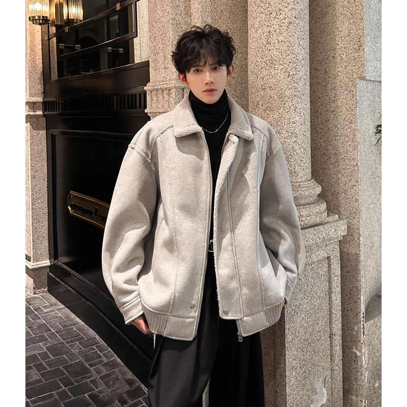 JK32新款加厚皮毛一体外套男款潮牌毛呢高品质棉衣男P148浅灰色，男装棉衣，星座404A