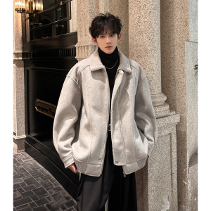 JK32 新款加厚皮毛一体外套男款潮牌毛呢高品质棉衣男P148 浅灰色，男装棉衣，星座404A