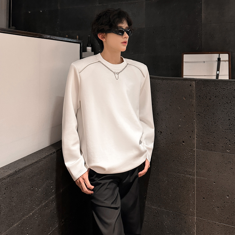 C90重磅垫肩设计感小众长袖T恤男秋季韩版打底卫衣男P58白色，男装T恤，星座404A