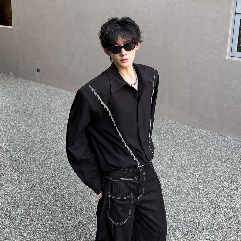 CS01 垫肩解构设计款衬衫小众韩系潮流衬衣男长袖衬衫 P65 黑色图片