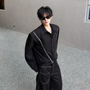 CS01 垫肩解构设计款衬衫小众韩系潮流衬衣男长袖衬衫 P65 黑色图片