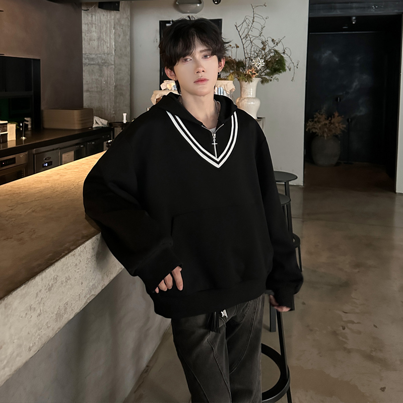 JK04假两件V领卫衣男潮流宽松连帽卫衣男P78黑，男装卫衣，星座404A