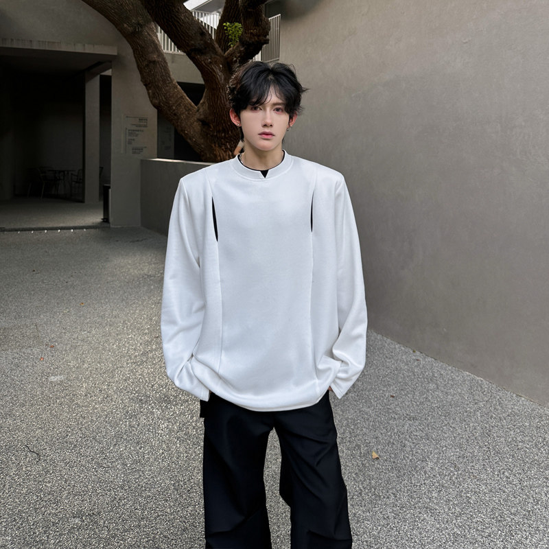 C75重磅垫肩设计感小众长袖T恤男秋季韩版假两件卫衣男P48白色,男装T恤,星座404A