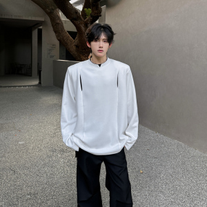 C75 重磅垫肩设计感小众长袖T恤男秋季韩版假两件卫衣男 P48 白色图片