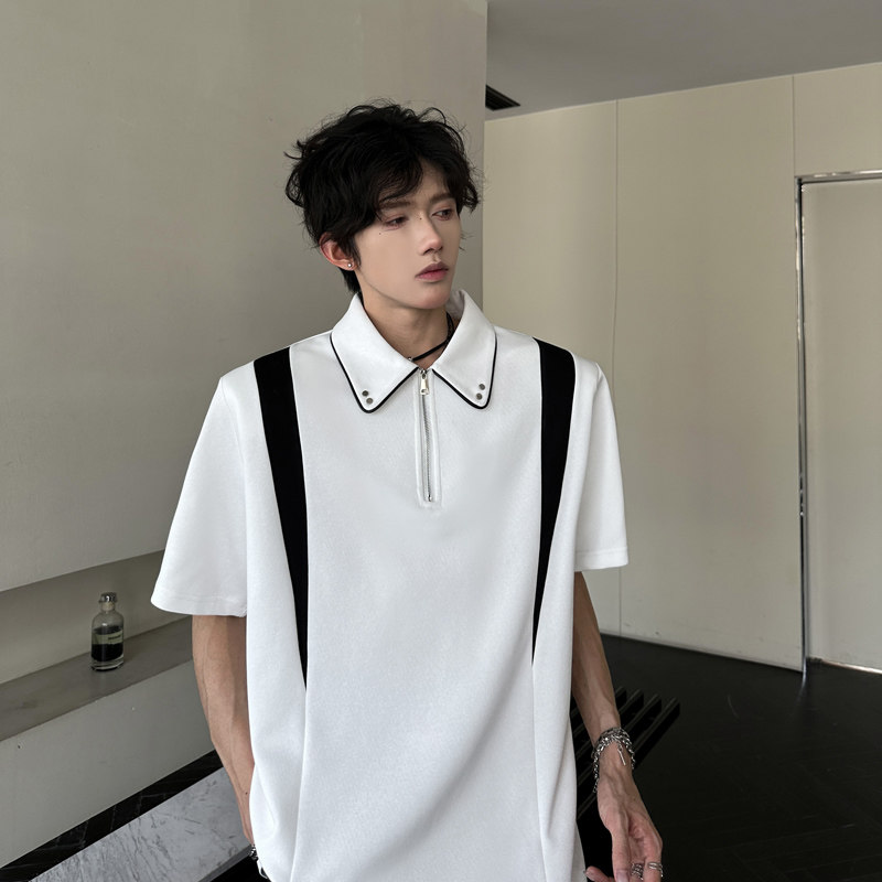 T92重磅小众设计感短袖polo计师款韩版潮流翻领半袖T男P58白色,男装T恤,星座404A