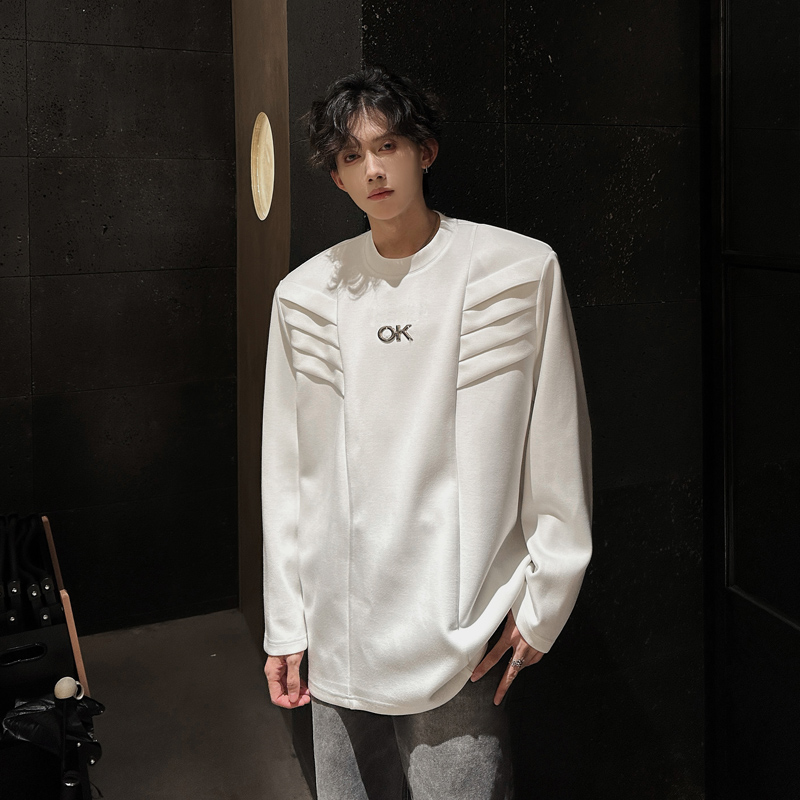C15新款垫肩设计感小众长袖T恤男秋季韩版宽松卫衣男P58白，男装T恤，星座404A
