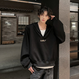 C31重磅垫肩V领小众卫衣男撞色韩版宽松连帽卫衣男P68黑色，男装卫衣，星座404A