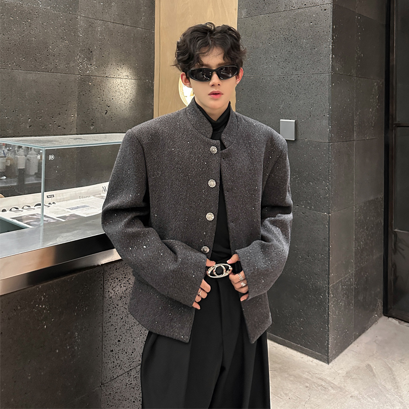 JK07新款小众垫肩立领外套韩版短款呢料外套男P118灰色，女装短外套，星座404A
