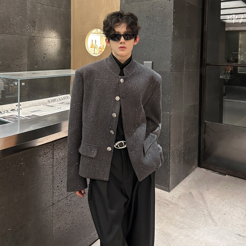 JK07新款小众垫肩立领外套韩版短款呢料外套男P118灰色,女装短外套,星座404A
