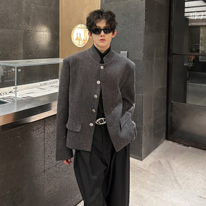 JK07 新款小众垫肩立领外套韩版短款呢料外套男 P118 灰色图片