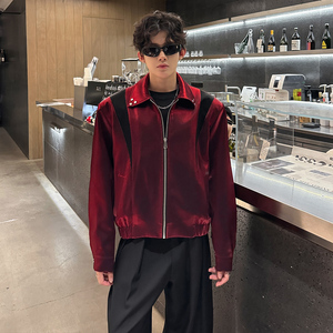 JK01 新短款解构小众外套男垫肩撞色夹克韩版宽松男装 P98 酒红色图片