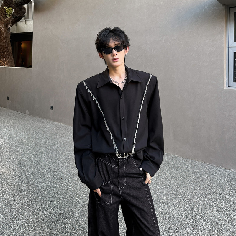 CS01 垫肩解构设计款衬衫小众韩系潮流衬衣男长袖衬衫 P65 黑图片