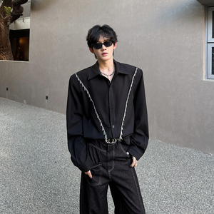 CS01 垫肩解构设计款衬衫小众韩系潮流衬衣男长袖衬衫 P65 黑图片