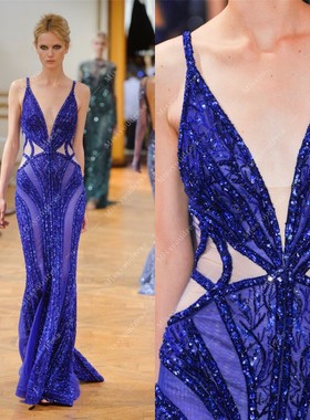 2020新款时尚重工宝蓝色深V修身鱼尾名媛宴会酒会生日主持晚礼服