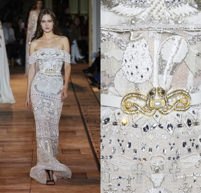 钉珠一字肩酒会舞台演出晚礼服