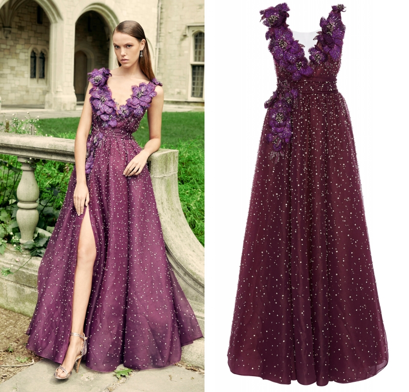 深紫色v领钉珠花朵酒会派对礼服