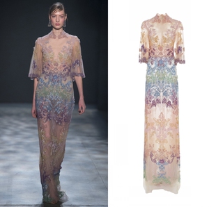 Marchesa时尚奢华彩色钉珠晚礼服名媛宴会酒会生日派对新娘敬酒服