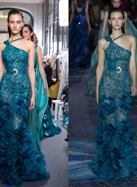 新款奢华钉珠墨绿色修身鱼尾时尚T台走秀晚礼服主持演出新娘礼服