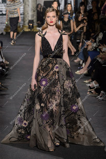 黑色深V吊带奢华装饰年会酒会红毯主持颁奖典礼名媛生日礼服定制