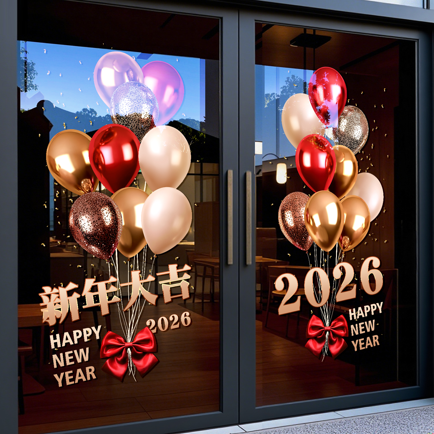 元旦新年装饰气球玻璃门贴纸马年窗花贴商场橱窗场景布置静电贴画