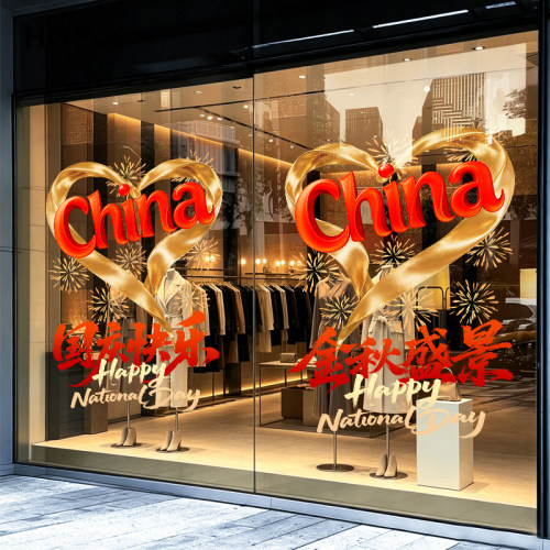 国庆我爱中国爱心玻璃门静电贴