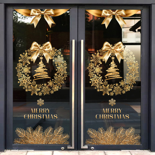 金色雪花圣诞花环玻璃门贴纸窗贴