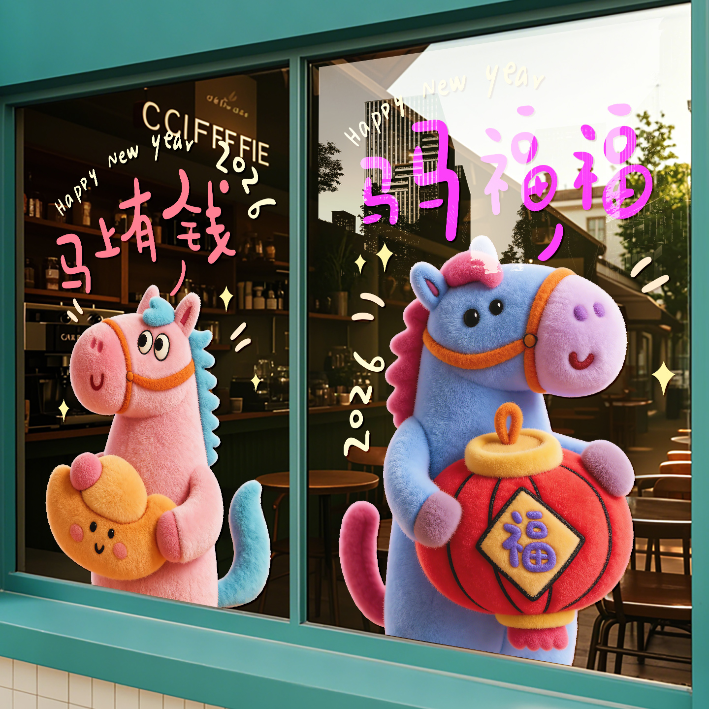 马年吉祥物过年毛绒福字窗花