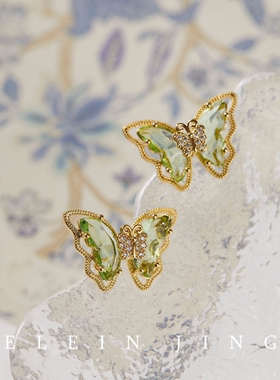 春夏清新草绿色蝴蝶锆石耳钉蚊香盘耳夹女无耳洞超仙氛围感耳饰