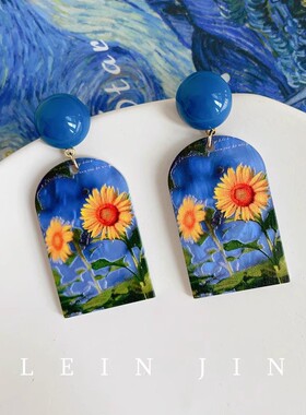手作复古蓝色油画感浮雕亚克力花朵耳环蚊香盘耳夹女度假风耳饰