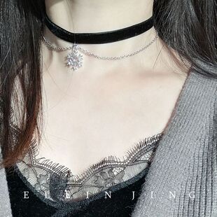 双层黑色丝绒雪花choker项圈脖颈链女气质锁骨链复古chocker颈圈