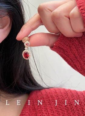 法式复古宫廷风红色锆石耳坠蚊香盘耳夹女无耳洞耳环耳饰奢华宴会