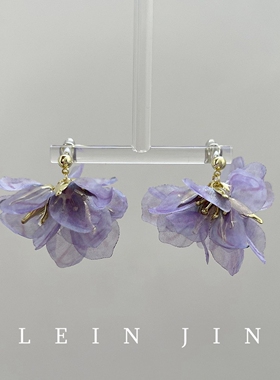 春夏超仙淡紫色花朵纯银耳钉女森系复古无耳洞蚊香盘耳夹纱花耳饰