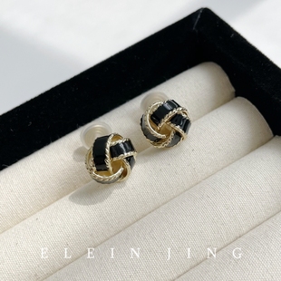 法式复古黑色同心结蚊香盘耳夹无耳洞小众高级感耳钉气质百搭耳饰