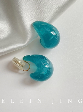 小众复古港风显白蓝色晕染树脂水滴耳环女蚊香盘耳夹无耳洞耳饰