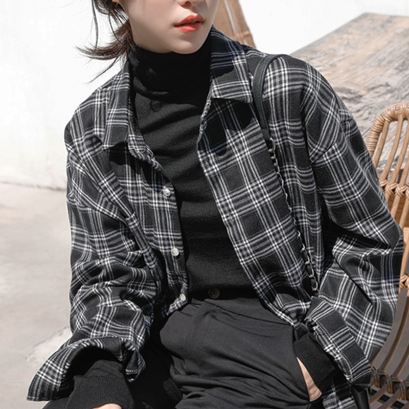 Hong Kong Style tweed frosted Black Plaid Shirt women's long sleeve design in autumn and winter