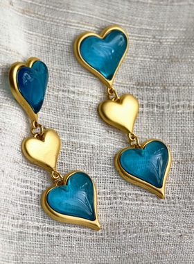清库存 介意瑕疵慎拍哦 复古蓝色爱心银针耳环 高级感气质时尚