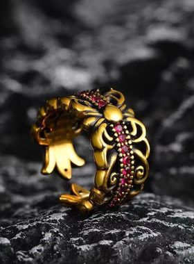 黑金色戒指女指环鸢尾花复古原创设计开口戒指可调节