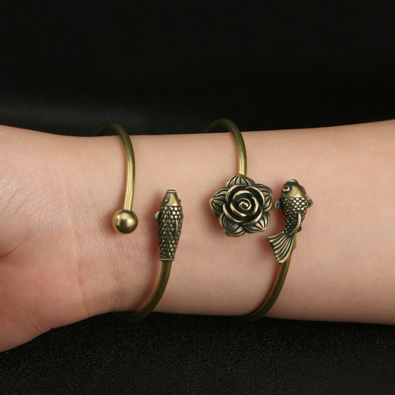 新款复古黄铜镯子女开口手镯金鱼