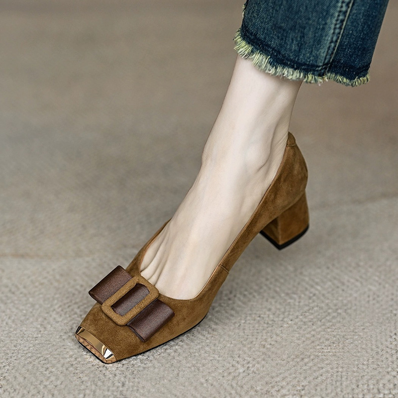 法式复古时尚蝴蝶结浅口单鞋女春秋方头中跟粗跟百搭高跟瓢鞋