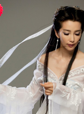新款 白色唯美古装 网游cos大话西游2 李冰冰送丝带 实物图