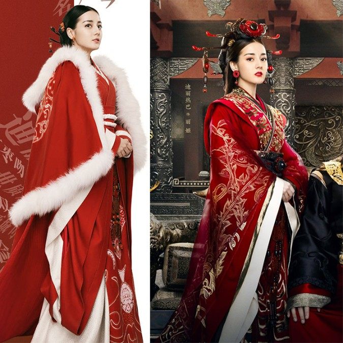 影视剧丽姬传秦时丽人迪丽热巴同款带斗篷红色拖尾绣花女汉服古装