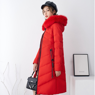 唐羽高端中长款大毛领连帽羽绒服女年时尚修身休闲外套