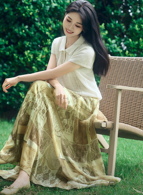 柒量一裁小个子复古印花半身裙女夏民族风高腰A字大摆伞裙0569