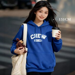 柒量一裁小个子宝蓝色字母连帽卫衣女休闲宽松套头帽衫 3091