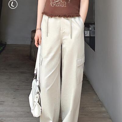 小个子灰白色高腰阔腿工装裤女夏季新款休闲百搭显瘦时尚裤子0670