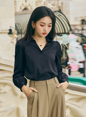柒量一裁小个子长袖职业简约法式时尚通勤百搭深蓝色衬衫女1262