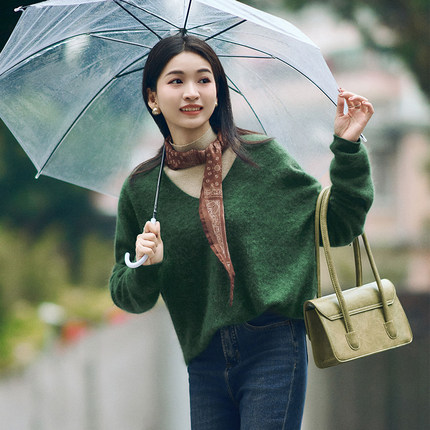 柒量一裁羊绒羊毛【绒冬】小个子v领冬季新毛织上衣毛衣黑标3708