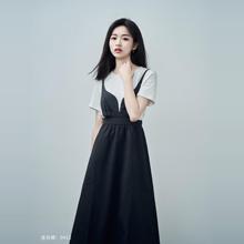 柒量一裁小个子黑色提花A字裙休闲吊带连衣裙女夏季中长款0412