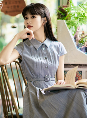【黑标】文艺风条纹连衣裙小个子收腰学院风短袖长裙2062